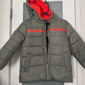 Kids Olive Green Puffer Jacket with Red Lining